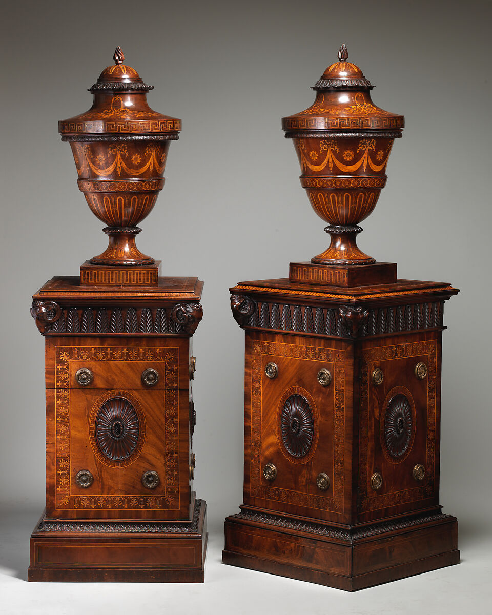 Pair of urns and pedestals, In the style of Robert Adam (British, Kirkcaldy, Scotland 1728–1792 London), Inlaid mahogany, British 