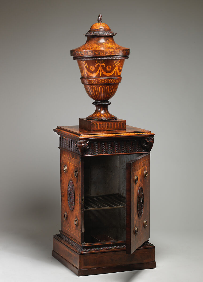 Pair of urns and pedestals, In the style of Robert Adam (British, Kirkcaldy, Scotland 1728–1792 London), Inlaid mahogany, British