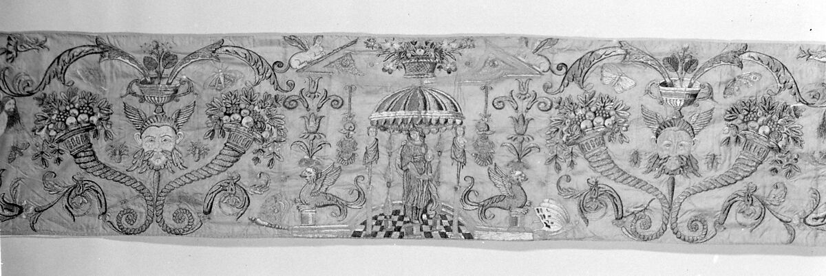 Valance with grotesques, Silk and metal thread on silk, Italian 