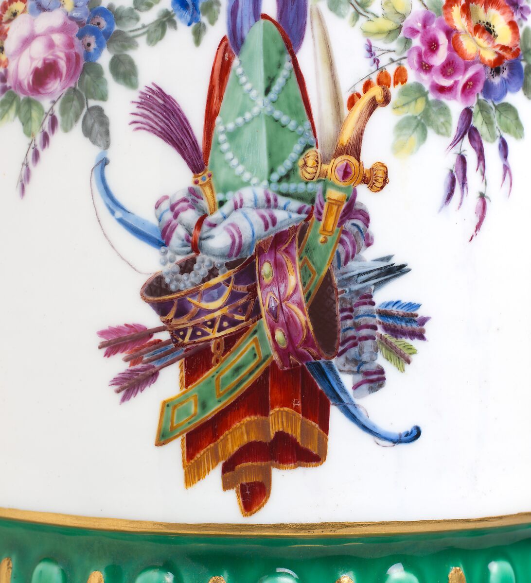 Vase with cover (Vase en tour) (one of a pair), Sèvres Manufactory (French, 1740–present), Soft-paste porcelain decorated in polychrome enamels, gold, French, Sèvres