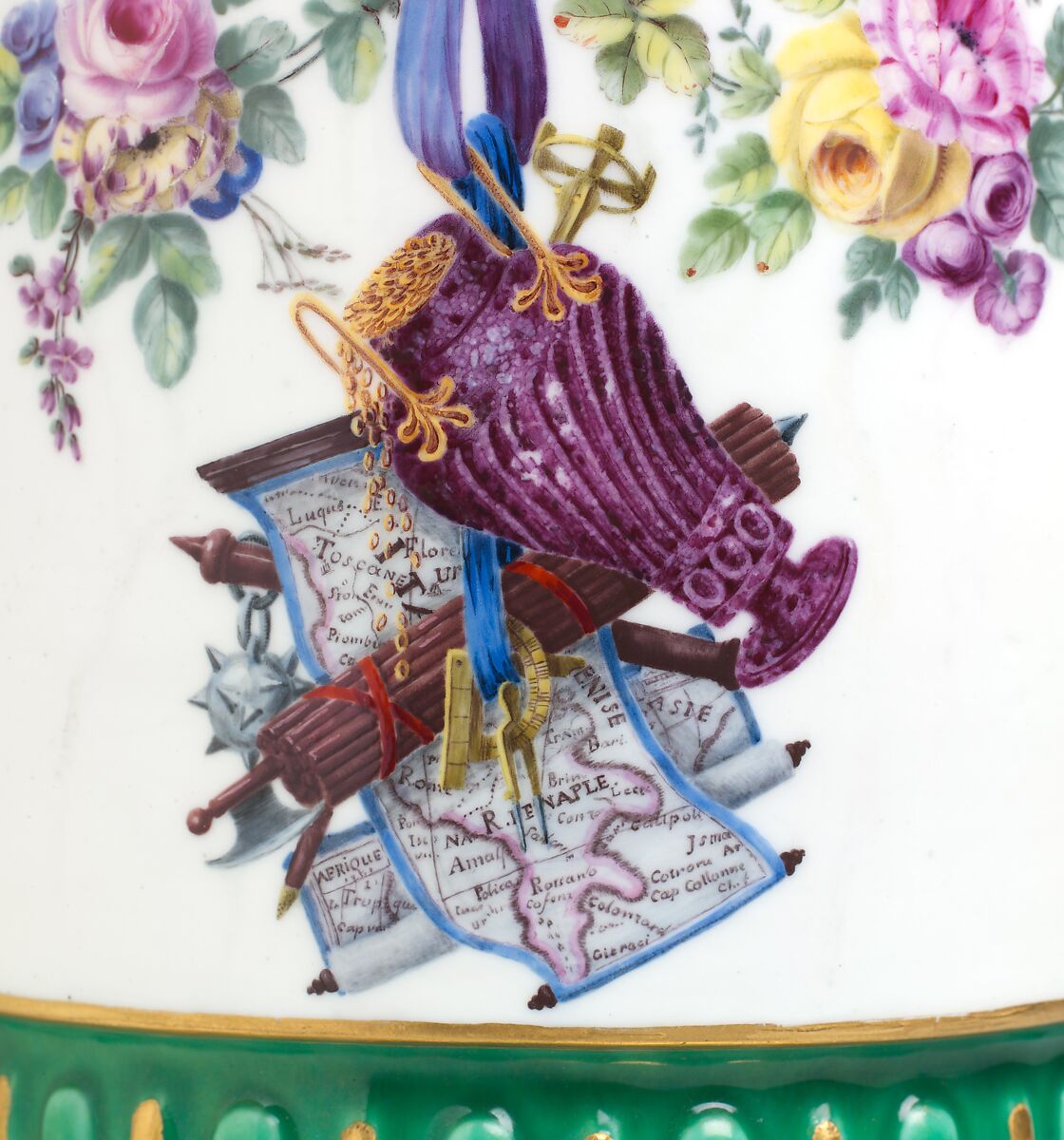 Vase with cover (Vase en tour) (one of a pair), Sèvres Manufactory (French, 1740–present), Soft-paste porcelain decorated in polychrome enamels, gold, French, Sèvres