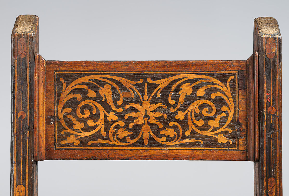 Folding stool, Oak decorated with marquetry including walnut, bog oak, maple, green-stained poplar, and other woods, Northern German or Polish