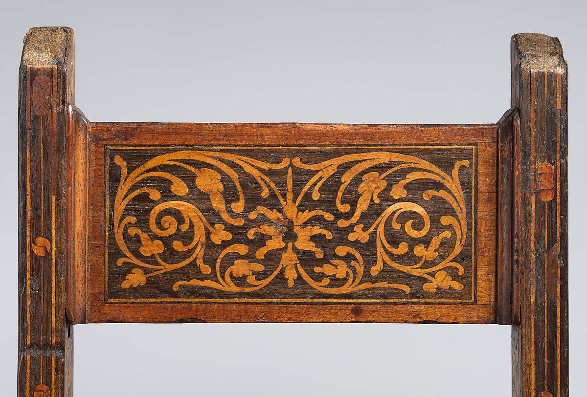 Folding stool, Oak decorated with marquetry including walnut, bog oak, maple, green-stained poplar, and other woods, Northern German or Polish