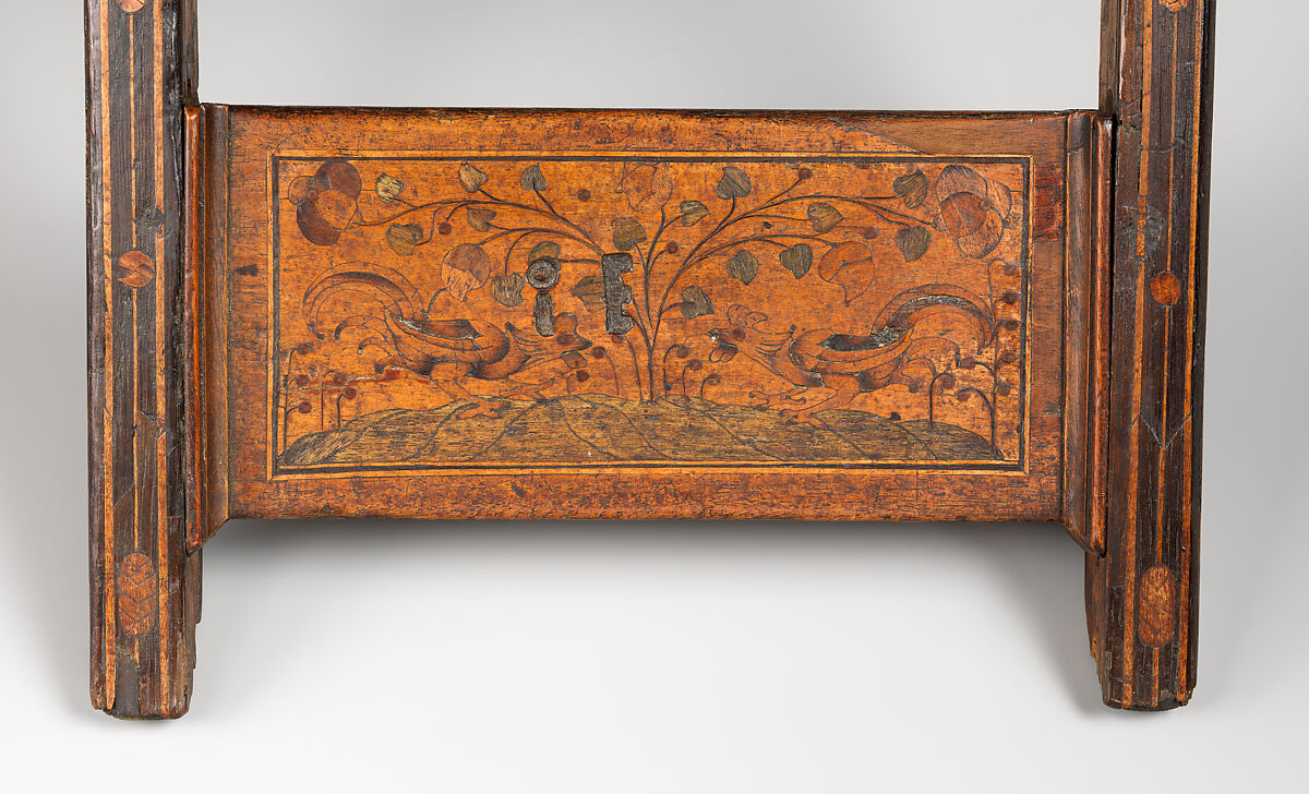 Folding stool, Oak decorated with marquetry including walnut, bog oak, maple, green-stained poplar, and other woods, Northern German or Polish