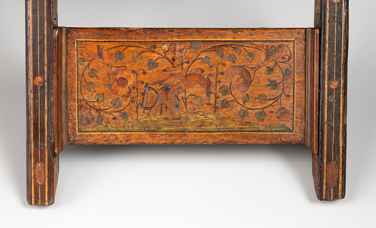 Folding stool, Oak decorated with marquetry including walnut, bog oak, maple, green-stained poplar, and other woods, Northern German or Polish