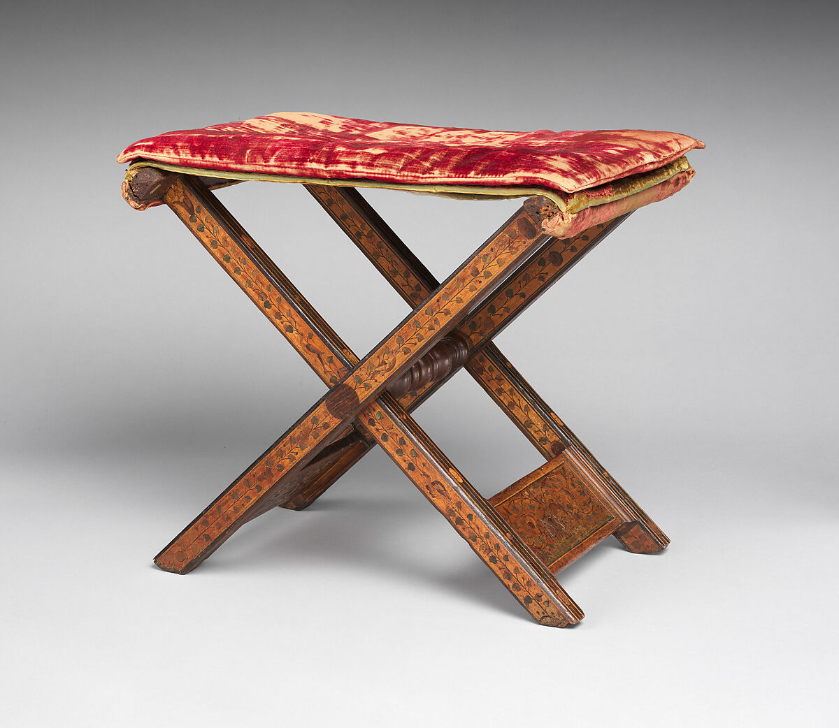 Folding stool, Oak decorated with marquetry including walnut, bog oak, maple, green-stained poplar, and other woods, Northern German or Polish