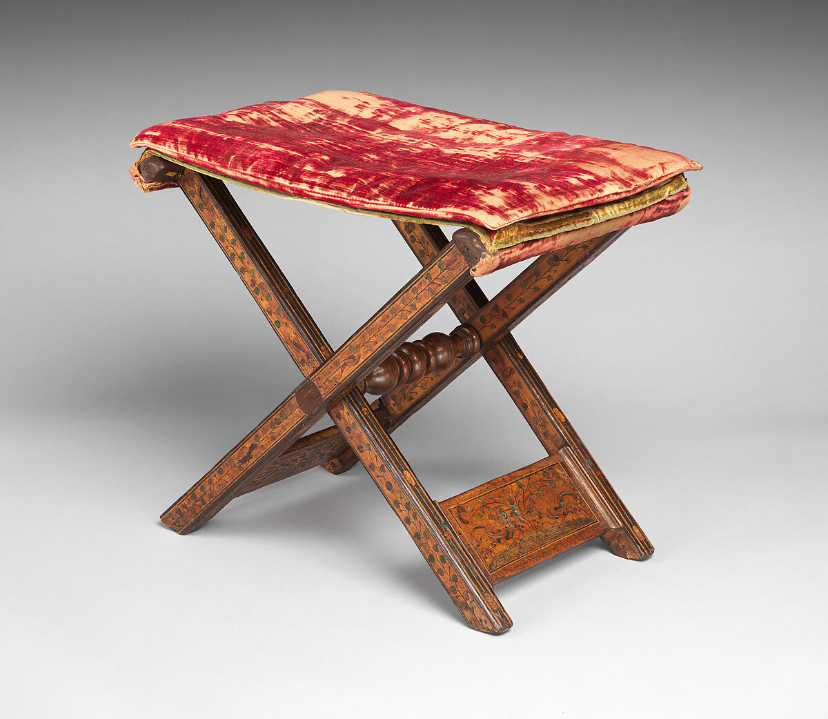 Folding stool, Oak decorated with marquetry including walnut, bog oak, maple, green-stained poplar, and other woods, Northern German or Polish 
