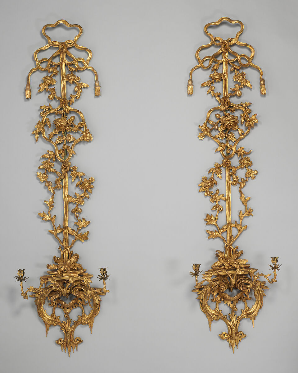 Wall sconce (one of a pair), Gilded pine, brass, British