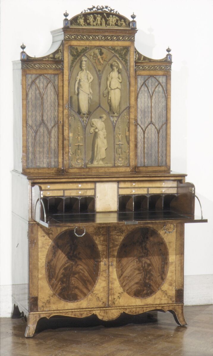 Secretary and bookcase, Joseph Bramah (British, Stainborough Lane Farm 1749–1814 Pimlico), Satinwood and mahogany, British