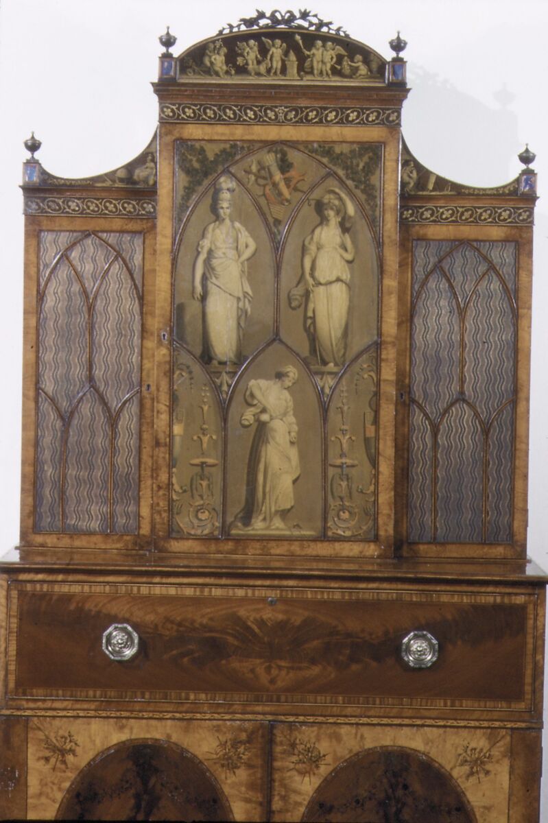 Secretary and bookcase, Joseph Bramah (British, Stainborough Lane Farm 1749–1814 Pimlico), Satinwood and mahogany, British