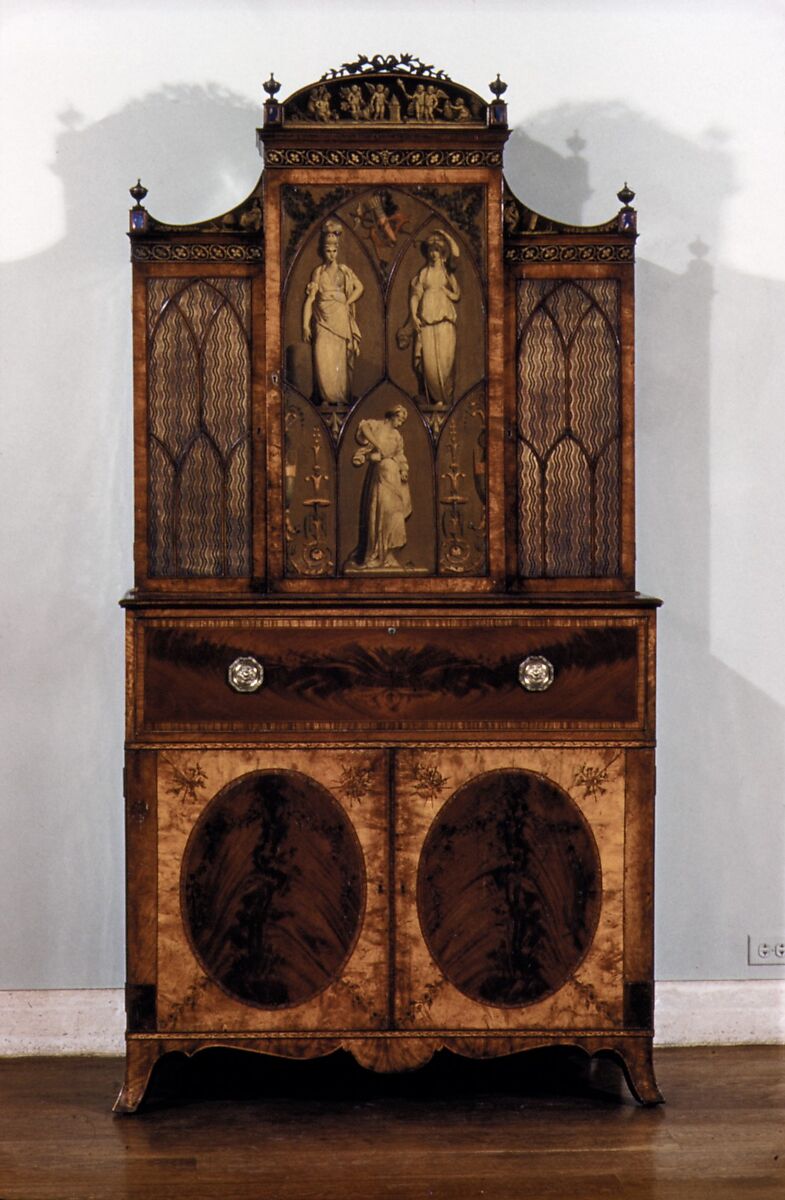 Secretary and bookcase, Joseph Bramah (British, Stainborough Lane Farm 1749–1814 Pimlico), Satinwood and mahogany, British 