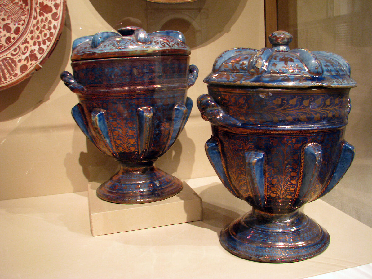 Vase with cover, Tin-glazed and luster-painted earthenware, Spanish, Valencia 