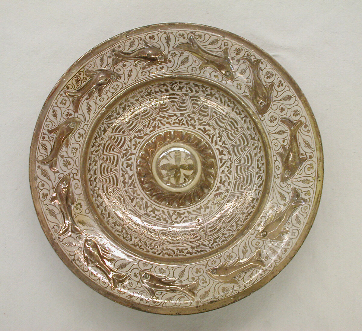 Dish, Tin-glazed and luster-painted earthenware, Spanish, Catalonia 