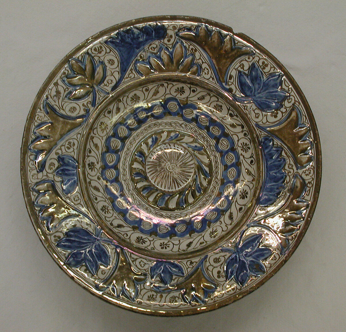 Dish, Tin-glazed and luster-painted earthenware, Spanish, Catalonia 