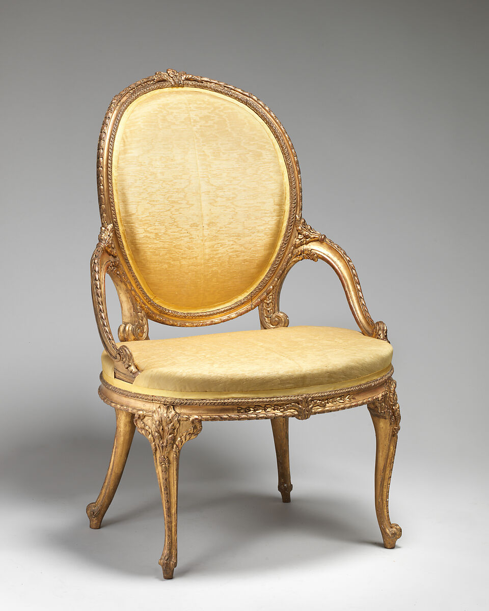 Pair of armchairs (part of a set), Carved and gilt beech, moiré silk not original to the frames, British
