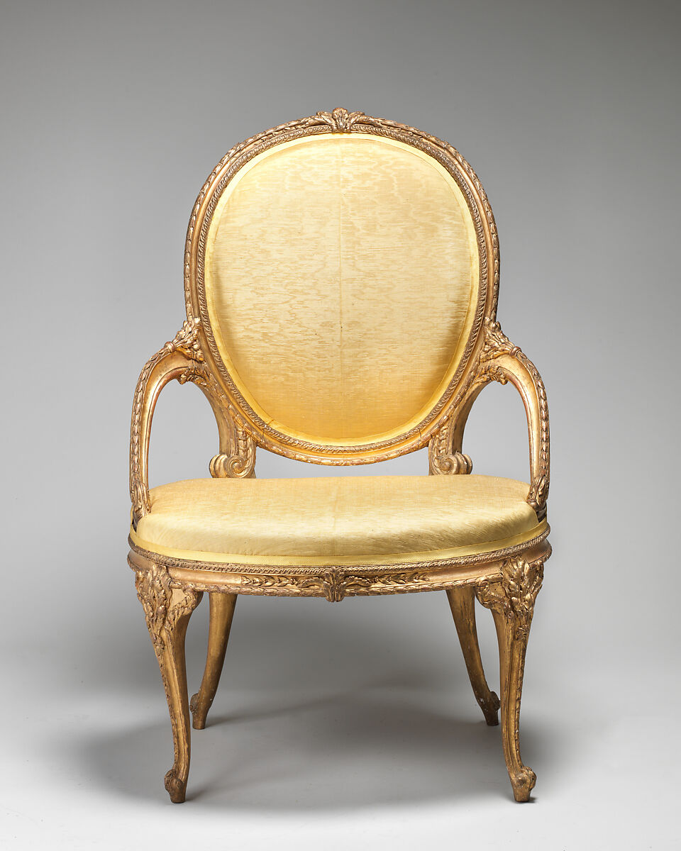 Pair of armchairs (part of a set), Carved and gilt beech, moiré silk not original to the frames, British
