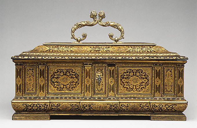 Casket (coffanetto or scrigno), Beechwood, Honduras rosewood veneer, partially gilded, painted and lacquered, gold powder, gold leaf, silver flakes, silver-gilt handle, Italian, Venice