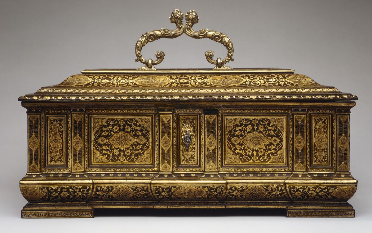 Casket (coffanetto or scrigno), Beechwood, Honduras rosewood veneer, partially gilded, painted and lacquered, gold powder, gold leaf, silver flakes, silver-gilt handle, Italian, Venice