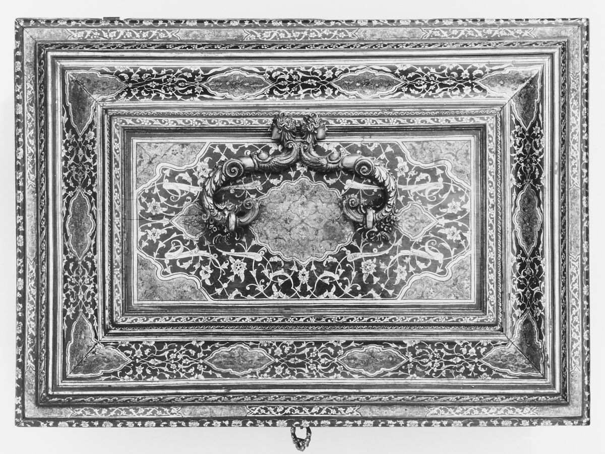 Casket (coffanetto or scrigno), Beechwood, Honduras rosewood veneer, partially gilded, painted and lacquered, gold powder, gold leaf, silver flakes, silver-gilt handle, Italian, Venice