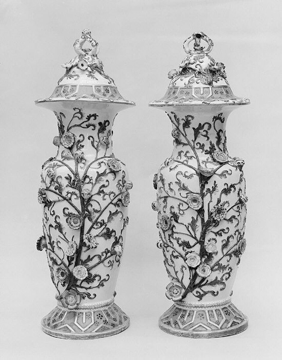 Pair of vases with covers, Lane Delph or imitator, Hard-paste porcelain, British, Staffordshire 