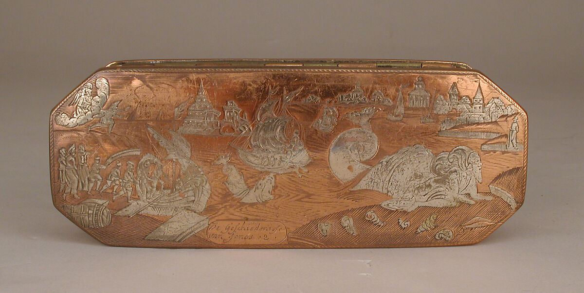 Tobacco box with scenes from life of Jonah, Brass, copper, silver, Dutch 