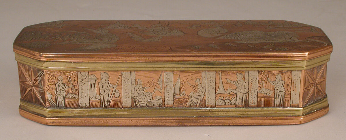 Tobacco box with scenes from life of Jonah, Brass, copper, silver, Dutch