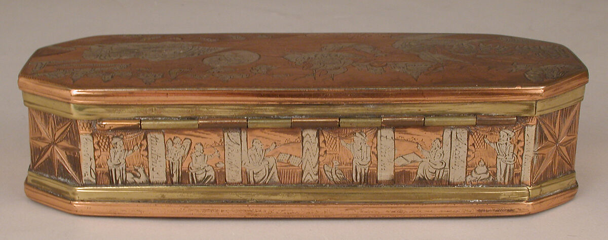 Tobacco box with scenes from life of Jonah, Brass, copper, silver, Dutch