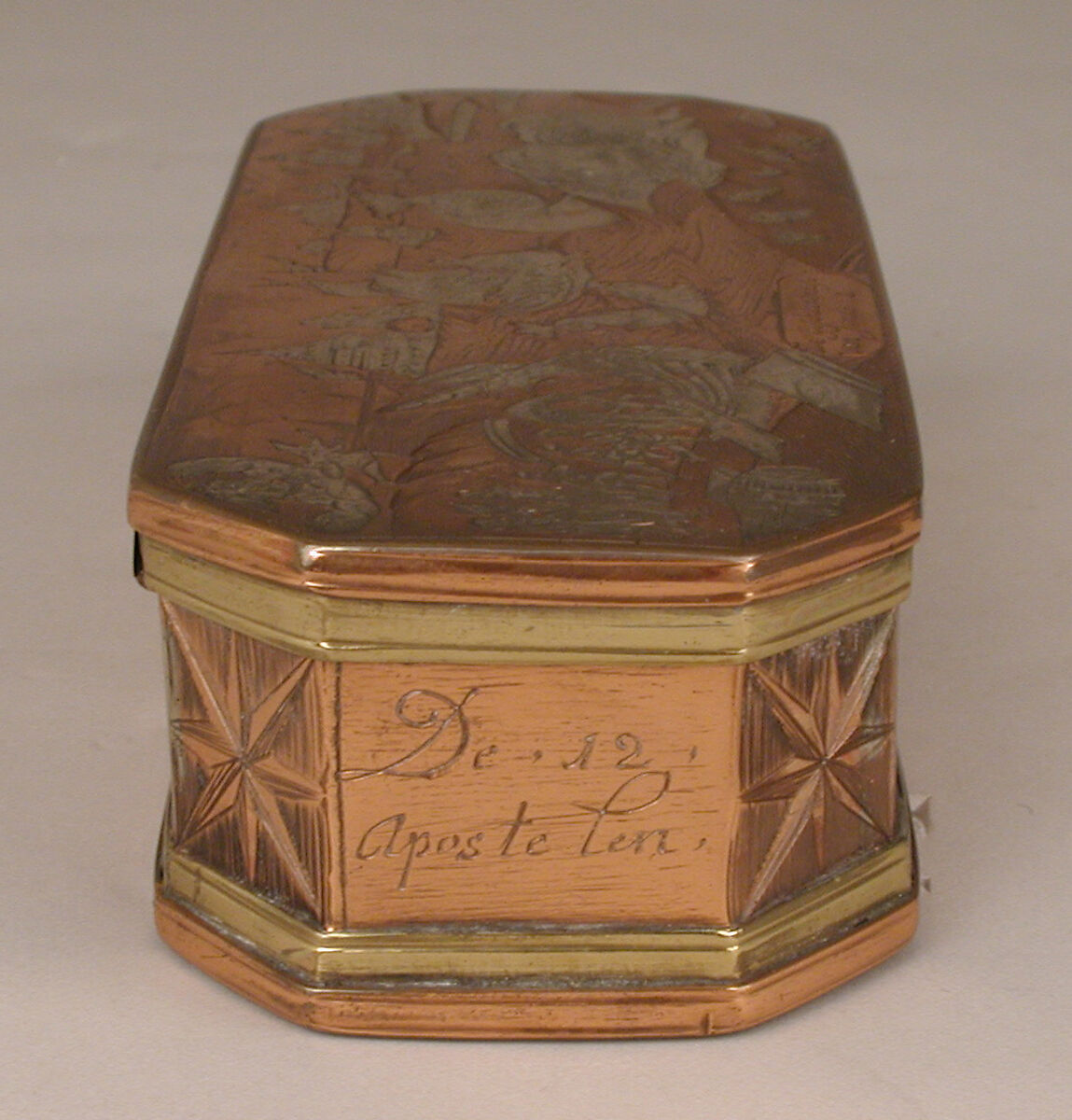 Tobacco box with scenes from life of Jonah, Brass, copper, silver, Dutch