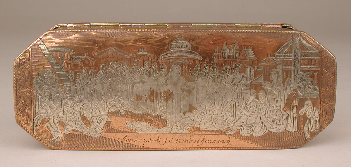 Tobacco box with scenes from life of Jonah, Brass, copper, silver, Dutch