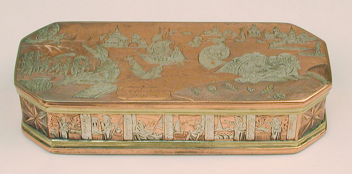 Tobacco box with scenes from life of Jonah, Brass, copper, silver, Dutch
