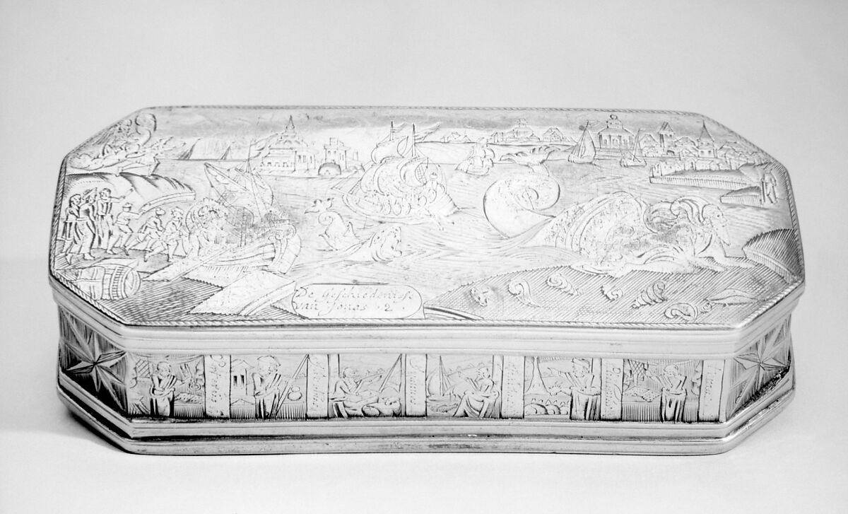 Tobacco box with scenes from life of Jonah, Brass, copper, silver, Dutch