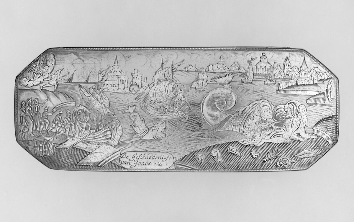 Tobacco box with scenes from life of Jonah, Brass, copper, silver, Dutch