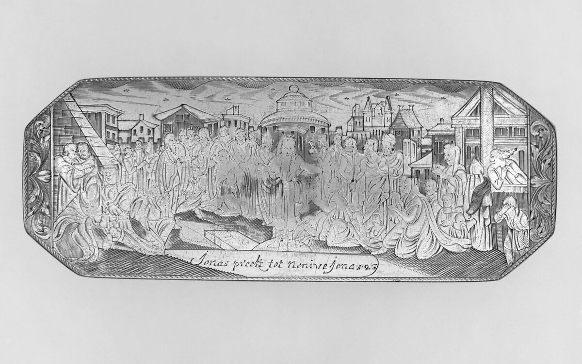 Tobacco box with scenes from life of Jonah, Brass, copper, silver, Dutch