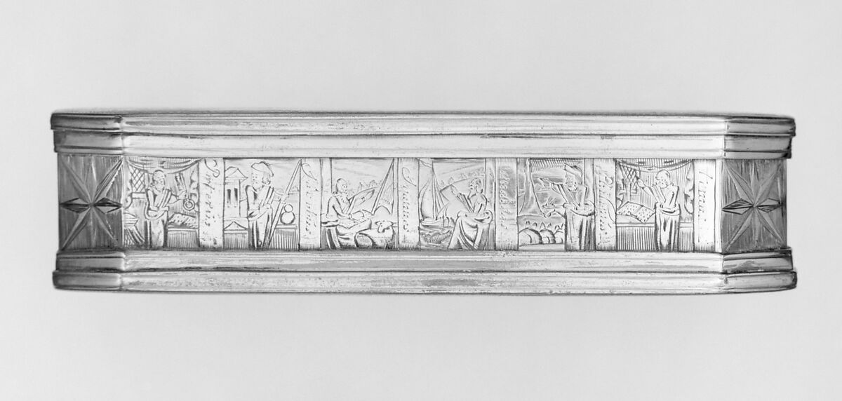 Tobacco box with scenes from life of Jonah, Brass, copper, silver, Dutch