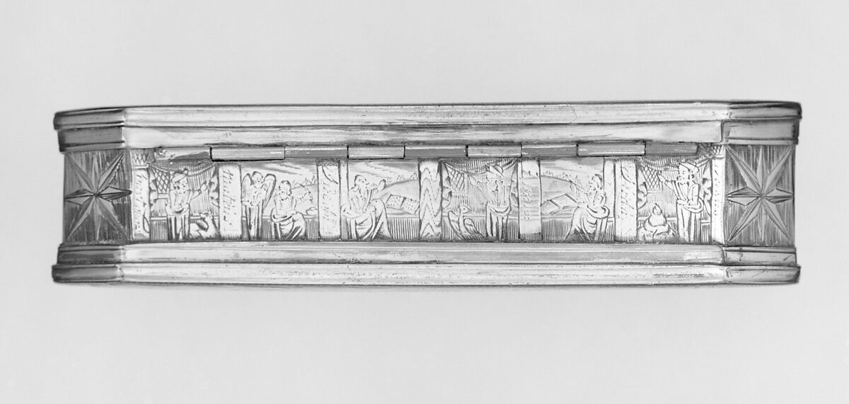 Tobacco box with scenes from life of Jonah, Brass, copper, silver, Dutch