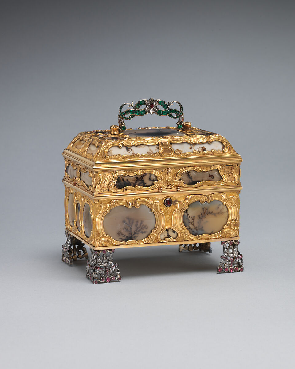 Nécessaire, Watchmaker: James Cox (British, ca. 1723–1800), Case: moss agate, mounted in gold and set with diamonds, rubies, and emeralds; silver; Dial: white enamel, with frame pavé-set with paste jewels, British, London 