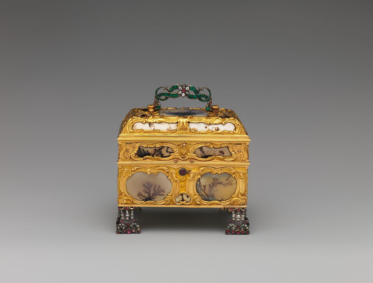 Nécessaire, Watchmaker: James Cox (British, ca. 1723–1800), Case: moss agate, mounted in gold and set with diamonds, rubies, and emeralds; silver; Dial: white enamel, with frame pavé-set with paste jewels, British, London