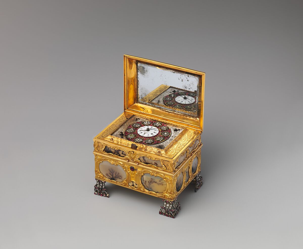 Nécessaire, Watchmaker: James Cox (British, ca. 1723–1800), Case: moss agate, mounted in gold and set with diamonds, rubies, and emeralds; silver; Dial: white enamel, with frame pavé-set with paste jewels, British, London