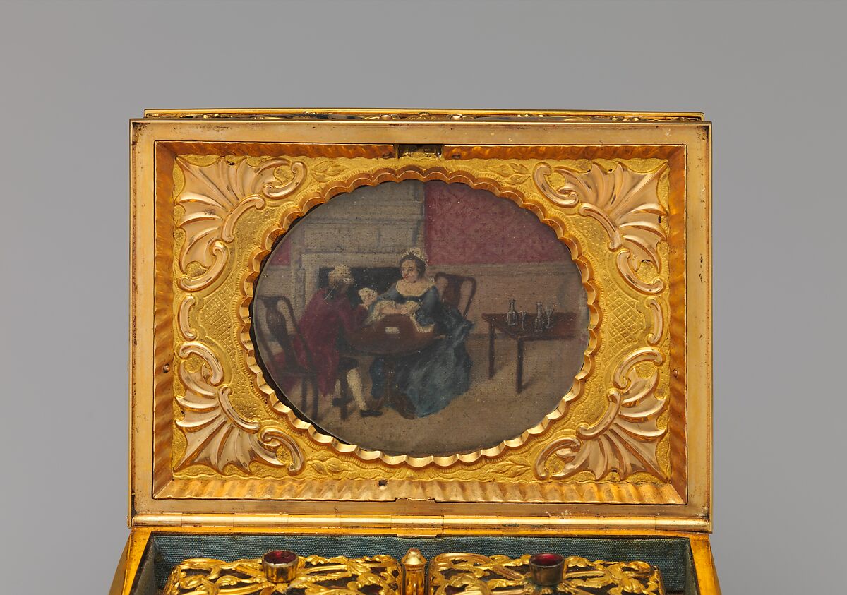 Nécessaire, Watchmaker: James Cox (British, ca. 1723–1800), Case: moss agate, mounted in gold and set with diamonds, rubies, and emeralds; silver; Dial: white enamel, with frame pavé-set with paste jewels, British, London