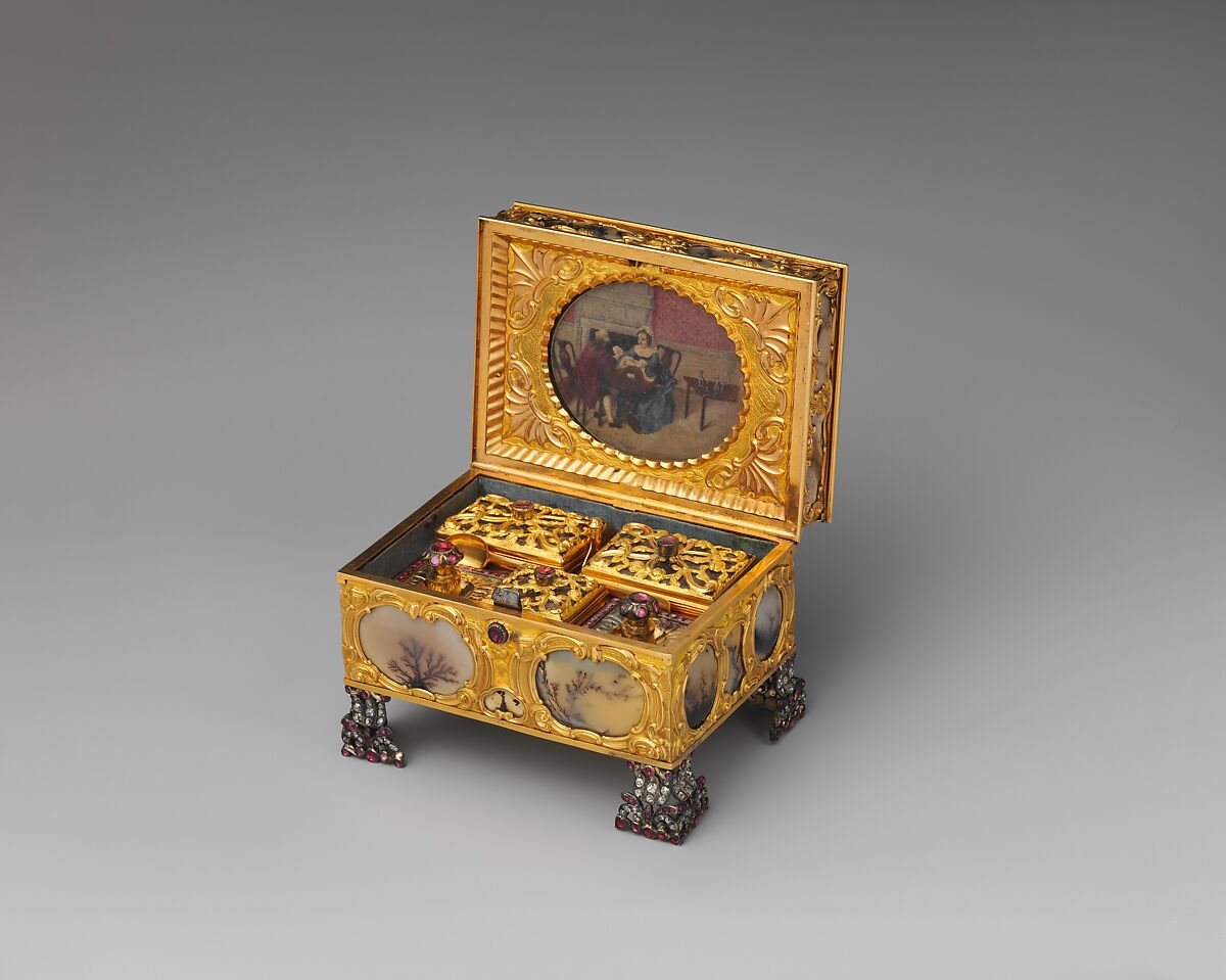 Nécessaire, Watchmaker: James Cox (British, ca. 1723–1800), Case: moss agate, mounted in gold and set with diamonds, rubies, and emeralds; silver; Dial: white enamel, with frame pavé-set with paste jewels, British, London