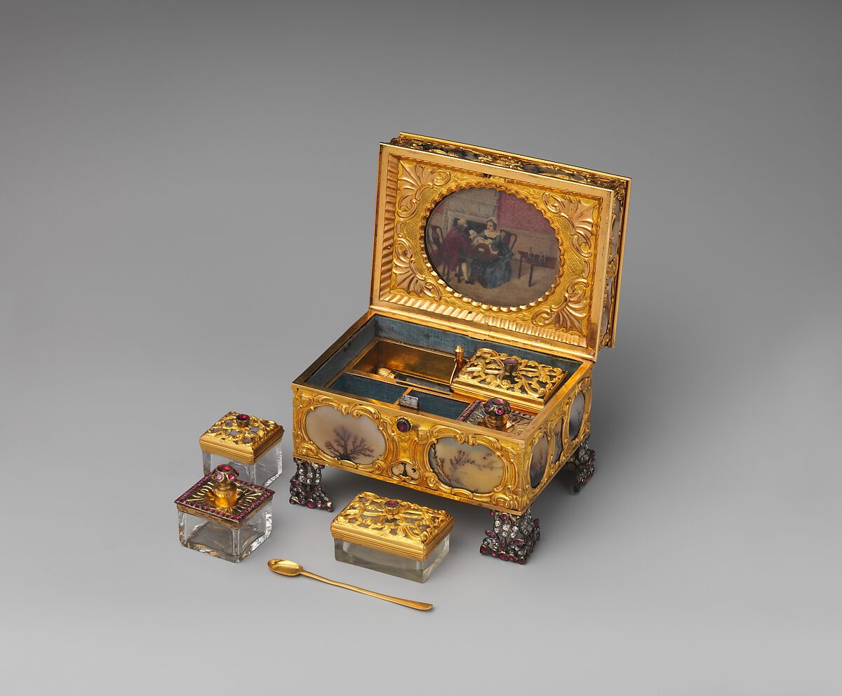 Nécessaire, Watchmaker: James Cox (British, ca. 1723–1800), Case: moss agate, mounted in gold and set with diamonds, rubies, and emeralds; silver; Dial: white enamel, with frame pavé-set with paste jewels, British, London
