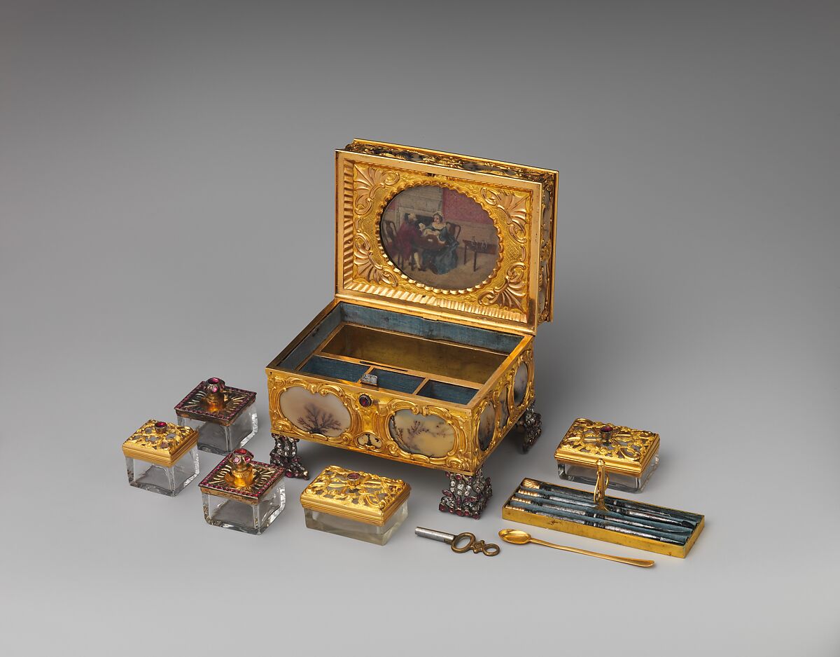 Nécessaire, Watchmaker: James Cox (British, ca. 1723–1800), Case: moss agate, mounted in gold and set with diamonds, rubies, and emeralds; silver; Dial: white enamel, with frame pavé-set with paste jewels, British, London