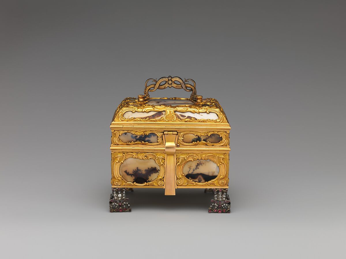 Nécessaire, Watchmaker: James Cox (British, ca. 1723–1800), Case: moss agate, mounted in gold and set with diamonds, rubies, and emeralds; silver; Dial: white enamel, with frame pavé-set with paste jewels, British, London