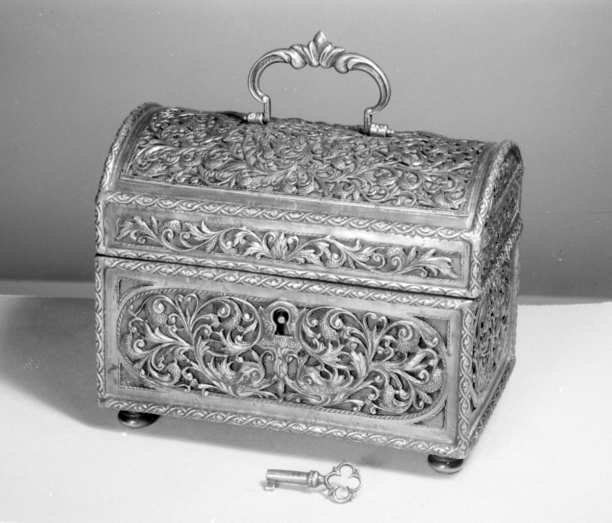 Casket, Brass and pierced and chiseled steel panels on linen-covered oak, French 