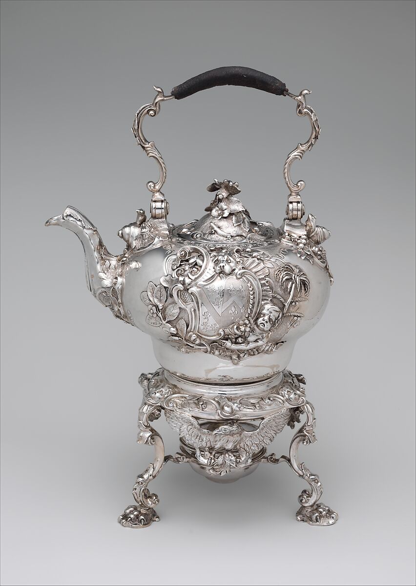 Teakettle and spirit lamp with stand, Paul de Lamerie  British, Silver, leather, British, London