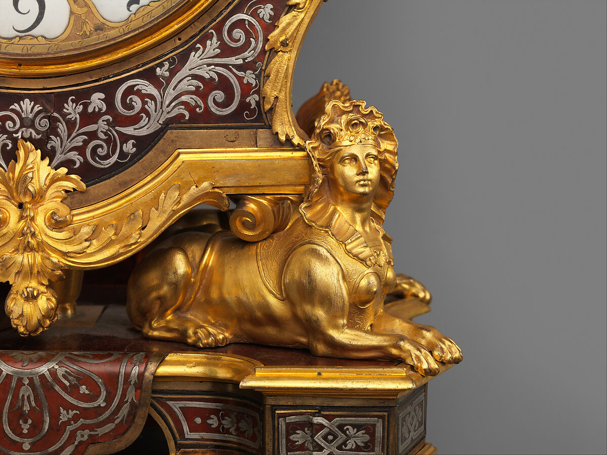 Clock with pedestal, Case attributed to André Charles Boulle (French, Paris 1642–1732 Paris), Case and pedestal of oak with marquetry of tortoiseshell, engraved brass, and pewter; gilt bronze; dial of gilt brass with white enameled Arabic numerals; movement of brass and steel, French, Paris 