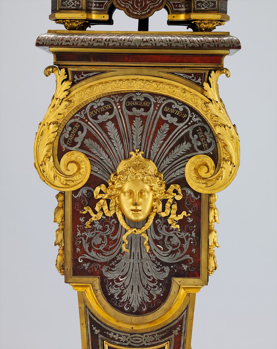 Clock with pedestal, Case attributed to André Charles Boulle (French, Paris 1642–1732 Paris), Case and pedestal of oak with marquetry of tortoiseshell, engraved brass, and pewter; gilt bronze; dial of gilt brass with white enameled Arabic numerals; movement of brass and steel, French, Paris