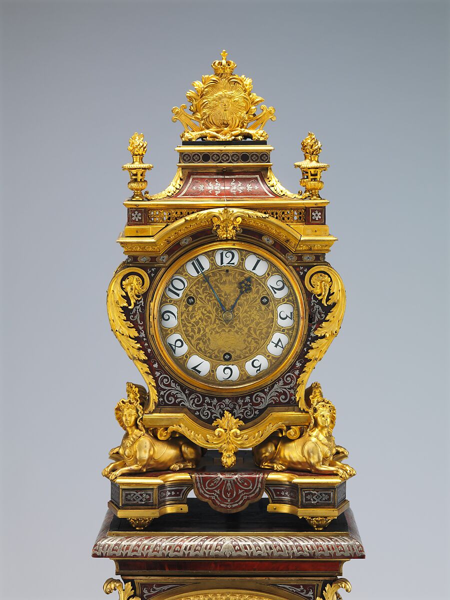 Clock with pedestal, Case attributed to André Charles Boulle (French, Paris 1642–1732 Paris), Case and pedestal of oak with marquetry of tortoiseshell, engraved brass, and pewter; gilt bronze; dial of gilt brass with white enameled Arabic numerals; movement of brass and steel, French, Paris