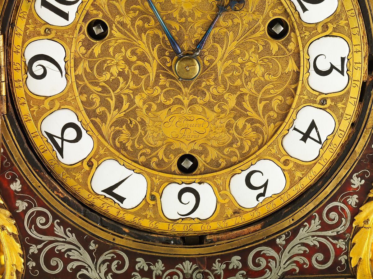 Clock with pedestal, Case attributed to André Charles Boulle (French, Paris 1642–1732 Paris), Case and pedestal of oak with marquetry of tortoiseshell, engraved brass, and pewter; gilt bronze; dial of gilt brass with white enameled Arabic numerals; movement of brass and steel, French, Paris
