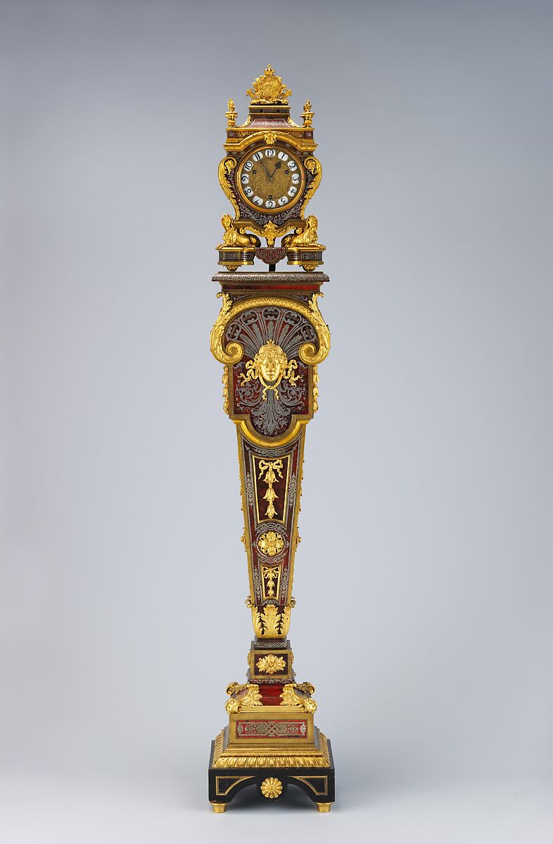 Clock with pedestal, Case attributed to André Charles Boulle (French, Paris 1642–1732 Paris), Case and pedestal of oak with marquetry of tortoiseshell, engraved brass, and pewter; gilt bronze; dial of gilt brass with white enameled Arabic numerals; movement of brass and steel, French, Paris 